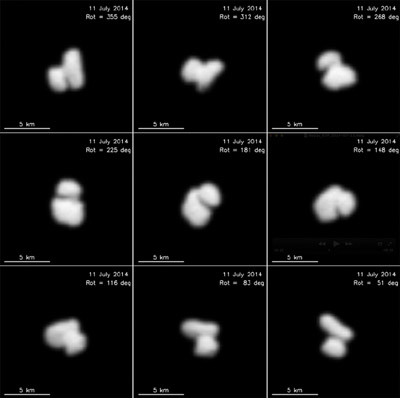 Jeden z prvých záberov jadra kométy  67P/Churyumov-Gerasimenko získané z paluby sondy Rosetta počas približovacej fázy ku kométe.