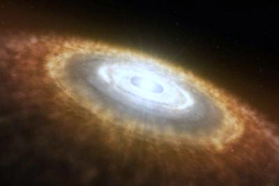  Umelecká predstava plynovo-prachového protoplanetárneho disku, v strede ktorého svieti materská hviezda.