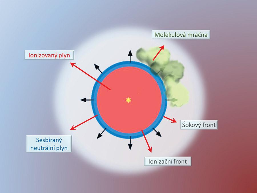 Obrázek 3: Schéma mezihvězdné bubliny zobrazující vnitřní horké části bubliny, obálku formovanou sesbíraným neutrálním plynem a částečně molekulovými mračny (L. Zychová).