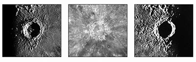Proměnu měsíčních útvarů v průběhu lunárního dne ukazuje tato série snímků měsíčního kráteru Koperník. Zleva doprava: v době vycházejícího Slunce po první čtvrti,  v době kolem lunárního poledne za úplňku a v době zapadajícího Slunce po poslední čtvrti. Foto: Lunar Consolidated Atlas.